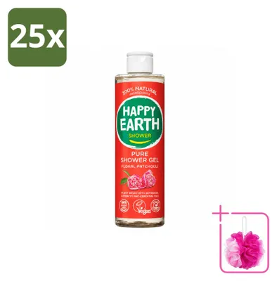 Imagen del producto de 25 unidades de gel de ducha floral "Happy Earth Pure" con aroma a pachulí, 100% natural, 300 ml. Paquete económico