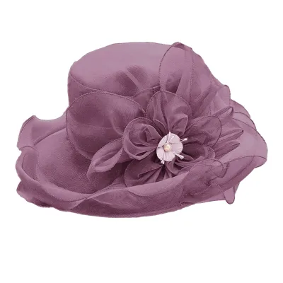 Produktbild von Zylinderhut für Damen, eleganter Organza-Blumenhut, breite Krempe, Outdoor-Strandhut, faltbarer Sonnenhut für Abende im Retro-Stil, Partys, Bankette, Kleidungszubehör, Violett