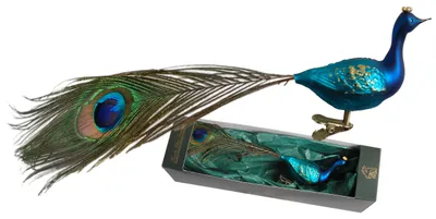 Produktbild von Krebs Glas Lauscha Glasfigur - Pfau mit echter Feder auf Clip - ca. 28cm - für den Weihnachtsbaum