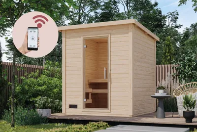 Produktbild von Karibu Saunahaus Außensauna Gartensauna Hytti 2 + 9kw Ofen und HUUM WIFI Steuergerät Sparset 196 x 196 cm Farbe: Naturbelassen