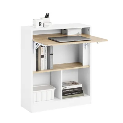 A white and wood-tone folding desk with shelves, shown against a white background.