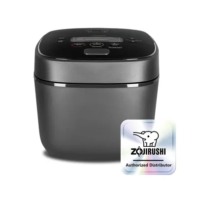 A gray Zojirushi rice cooker is shown against a white background. A square overlay with the Zojirushi logo and the text "Authorized Distributor" is present in the bottom right corner.