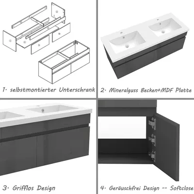 Produktbild von Waschtisch mit Unterschrank 120cm BERGEN Badmöbel Set Hochglanz Schwarz Waschbecken mit Unterschrank MDF Softclose