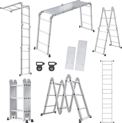 Produktbild von UISEBRT Mehrzweckleiter Alu Silber, 6-in-1, 4x3 Stufen, 150 kg Traglast, Gesamtlänge 340cm, Breite ca. 34cm, Höhen (M: ca. 91cm, Gerüst: ca. 92cm, A: ca. 166cm), als Gerüst-, Anlege- & Trittleiter, mit Plattform, 2 Gerüstplattformen, inkl. Hilfsrad, kompakt zusammenklappbar, für Fensterreinigung, Glühbirnenwechsel, Hausanstrich