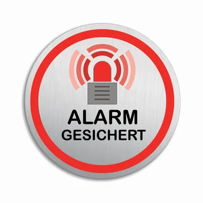 Produktbild von Schild Alarm Alarmgesichert Ø 100 mm Stärke 1 mm Aluminium Edelstahloptik selbstklebend