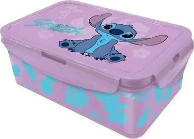 A Stitch-themed lunchbox on a white background.