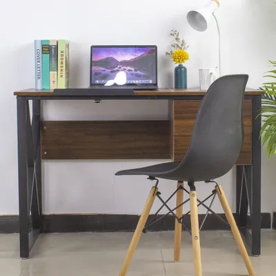 Imagen del producto de Escritorio con cajones, 2 cajones y tablero de mesa inclinable, ideal para el espacio de trabajo, ordenador, estructura de metal y tablero de MDF, para interiores, hogar u oficina