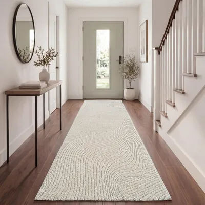 Immagine prodotto di Tappeto soggiorno a pelo corto Skandi Japandi Boho motivo astratto 3D tinta unita crema dimensioni 80x250 cm