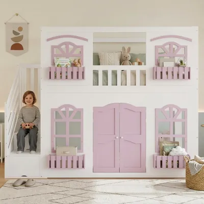 Zdjęcie produktu dla Łóżko piętrowe 90x200 cm, dziecięce łóżko z drewna, w kształcie domku, z oknami z akrylu, schodami z miejscem do przechowywania i przestrzenią do zabawy, kolor biały i różowy, Obraz wygenerowany przez AI
