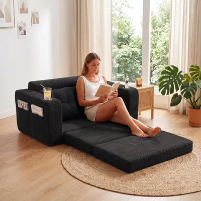 Image de LVHOM Canapé-lit multifonctionnel 1,5 places en velours côtelé, convertible en lit d'appoint, canapé-lit pliant pour chambre d'adolescent, noir