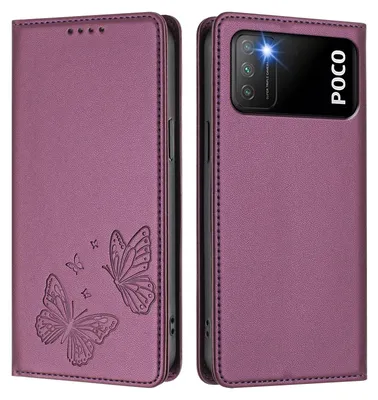 Produktbild von Lederhülle für Xiaomi Poco M3/Redmi 9T, Schmetterling Prägung Leder Brieftasche Schutzhülle mit Ständer Lila