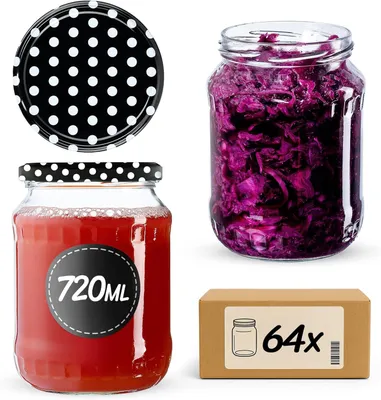 Produktbild von KADAX Einmachgläser mit Deckel "Jukka", Marmeladengläser, Einweckgläser, 720 ml, Schwarz gepunktet, 64 Stück