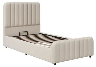 Produktbild von Flieks Hydraulisches Polsterbett 90x200cm mit Stauraum, Jugendbett Kinderbett mit gepolstertem Kopfteil, Stauraumbett mit Lattenrost, Leinen, Beige