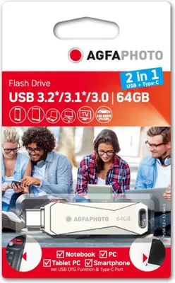 Imagen del producto de AgfaPhoto, USB 3.0, 2 en 1, 64 GB, conector USB-TypeC