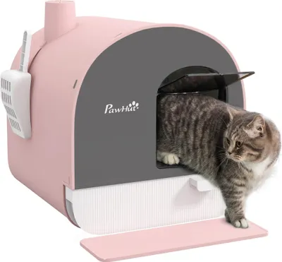 Image de Litière pour chat, modèle "Maison" - Litière fermée - Porte battante et filtre - Avec pelle - En plastique - 43 x 44 x 47 cm - Rose