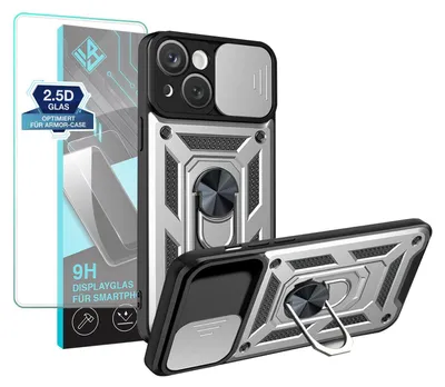 Produktbild von Armor Handyhülle für Apple iPhone 15 mit 9H Displayglas Displayschutz Kameraschutz Handy Panzer Case Cover Schutzhülle Outdoor Farbe: Silber
