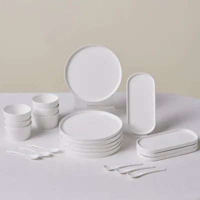 22-teiliges Frühstücksset aus Porzellan, elegant, weiß, mikrowellengeeignet