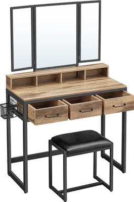 Obrázok produktu pre Toaletný stolík s taburetkou z eko kože PIERRE, 90x40x141cm, bledá hnedá/čierna