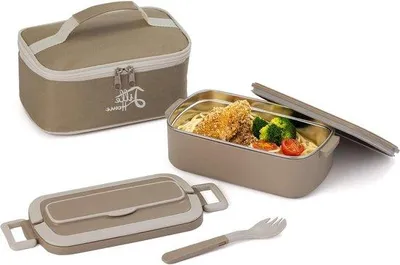 Produktbild von Isolierende Thermos-Lunchbox für Erwachsene und Kinder - rohstahlerner Tiffin-Lunchbox - isolierter Essensbehälter mit Essbeutel und Küchenutensilien - braune Brotkiste