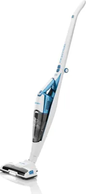 A white and blue stick vacuum cleaner is shown against a white background.
