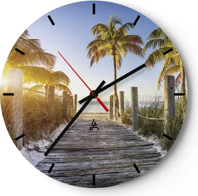 Produktbild von Wanduhr - Rund - Glasuhr - Strand Palmen Fußgängerbrücke - 40x40cm - Schleichendes Uhrwerk - Lautlos - zum Aufhängen bereit - Dekoration Modern - Wanddekoration aus Glas - C3AR40x40-4171