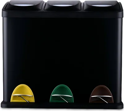 Image de Poubelle Relaxdays, 3 compartiments, 24 L, pédale, seau intérieur, trieur de déchets de cuisine, D x L x H : 39,5 x 46 x 26,5 cm, fer, noir