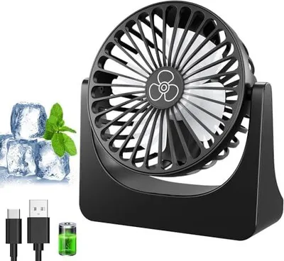 Produktbild von Tischventilator, Mini Ventilator, USB Ventilator mit 3 Geschwindigkeiten und 360° Drehung, Wiederaufladbar, Tragbarer Kleiner Ventilator für Schlafzimmer Zuhause Büro Ventilator Leise