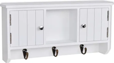 A white wall-mounted cabinet with two doors and a central open shelf, featuring three hooks below.