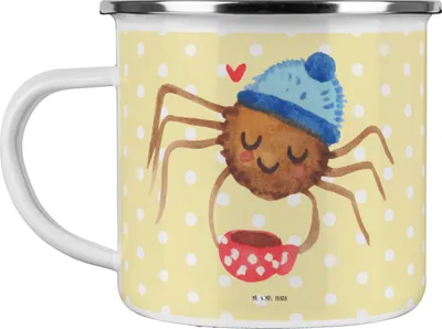 Produktbild von Mr. & Mrs. Panda Pott Spinne Agathe Kaffee - Gelb Pastell - Geschenk, Lebensweisheiten, Morgen, Kaffeepott, Emaille Becher, Teetasse, Morgenmuffel, Weiser Spruch, Tasse