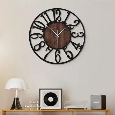Image de Horloge murale pour le salon - Horloge décorative en bois et métal noir de 34 cm, silencieuse et sans tic-tac, pour maison de campagne, chambre à coucher, cuisine ; décoration murale fonctionnant à piles