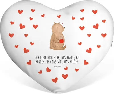 Produktbild von Mr. & Mrs. Panda Liebe Kissen Bär Morgenkaffee - Weiß - Geschenk, Kuschelkissen, Valentinstag, Mitbringsel, dekoartikel, Liebeskissen, Hochzeitstag, für Partner, Frauen