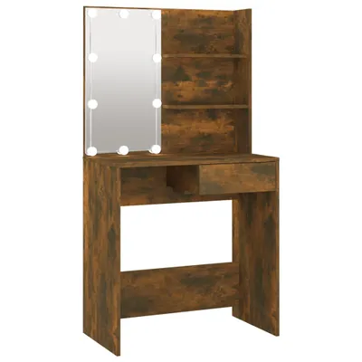A makeup vanity with LED lights and shelves.