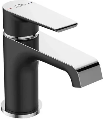 A studio shot of a modern black and chrome faucet.