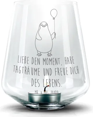 Produktbild von Mr. & Mrs. Panda gravur glas Pinguin Luftballon - Transparent - Geschenk, Teelichthalter, Liebe, Laterne, Glück, Neustart, Windlicht, kerzenhalter, Fröhlich, Freundin