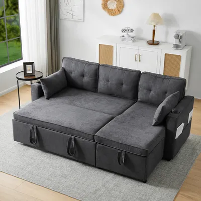 Produktbild von okwish Schlafsofa mit Schlaffunktion, L-förmiges Sofa mit Getränkehalter, Polstermöbel Sofa, Loungesessel mit Stauraum,Wohnzimmer-Schlafsofa, links und rechts austauschbar,Grau