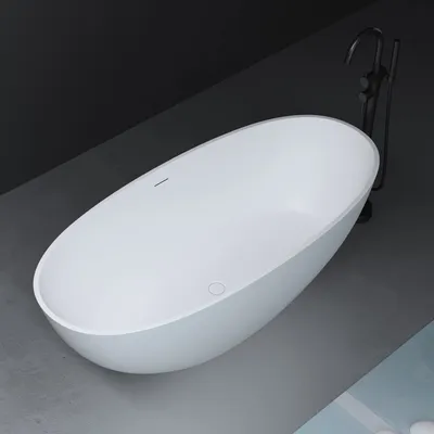 Produktbild von Mai & Mai Freistehende Badewanne Weiß matt 165x75x55 cm Oval Gussmarmor Standbadewanne inkl. Pop Up Ablaufgarnitur