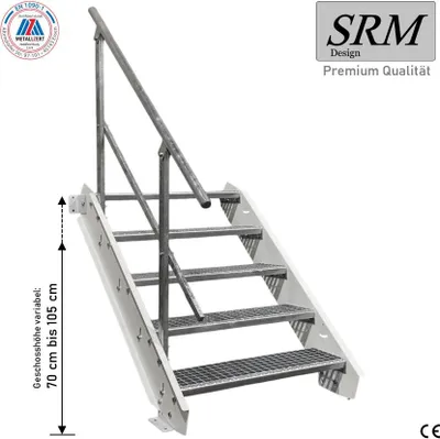 Produktbild von 5 Stufen Stahltreppe Weiß Breite 140 cm Geschosshöhe 70 - 105 cm 1x Geländer