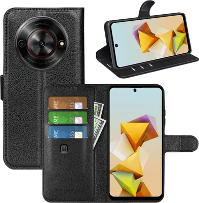 A black leather wallet-style phone case for a smartphone, shown open with the phone inside and credit cards and money in the slots.