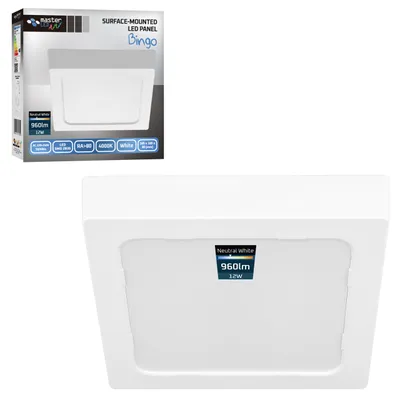 A product shot of a white square LED panel light, shown both in its packaging and as a standalone product.