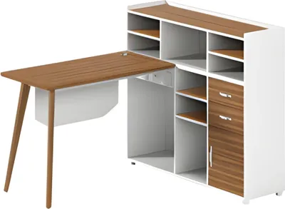Image de Bureau en bois et blanc avec des compartiments de rangement ouverts et des pieds élégants