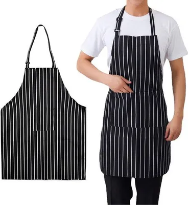 Produktbild von Unyqoos® 2er-Set unisex Kochschürzen mit Taschen, schwarz-weiß gestreift, Polyester, verstellbarer Nackenriemen – ideal zum Kochen und Grillen
