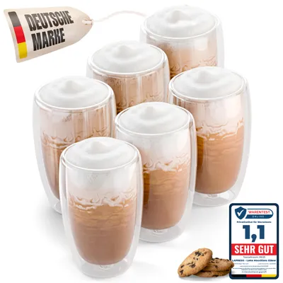 Produktbild von LAPRESO® Latte Macchiato Gläser doppelwandig 6er Set 450ml - Doppelwandige Gläser modernes Design Cappuccino Tassen Teegläser aus Borosilikatglas