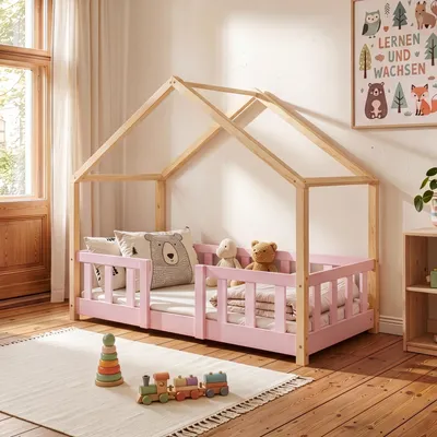 Produktbild von Kinderbett ’Treviolo‘ in Haus-Optik mit Rausfallschutz Kiefernholz 70 x 140 cm Rosa / Natur