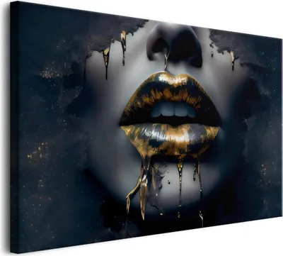 Produktbild von Dunkles Leinwandbild für das Wohnzimmer Goldene Frauenlippen 80x120cm