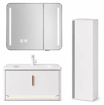 Image de Ensemble meuble de salle de bain avec vasque, armoire miroir LED et colonne - 80 cm - Blanc - VALEN