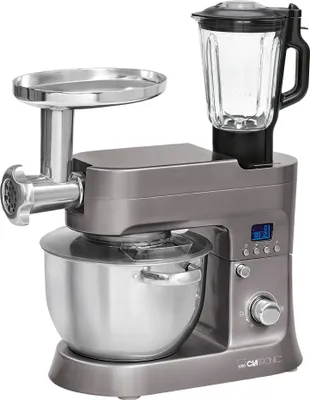 Produktbild von Clatronic Knetmaschine inkl. Fleischwolf | Glas-Mixaufsatz | Pastafunktion | Digital LCD-Display | 6,2L Edelstahlrührschüssel | 1200W | KM 3674 Titan