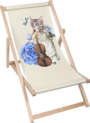 Produktbild von Dreamroots Liegestuhl klappbar Holz, bis zu 130 kg, Sonnenliege klappbar mit 3-stufiger Neigungsregulierung der Rückenlehne, Cat with Fiddle in Flower