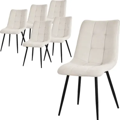 A set of six beige dining chairs with black metal legs, arranged in a group and one chair in the foreground.
