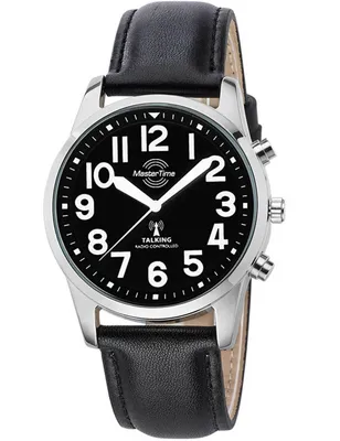 A close-up studio shot of a men's watch with a black dial and black leather strap, presented on a white background.