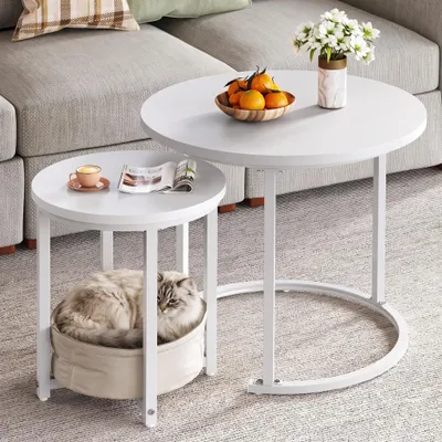 Produktbild von 2 tlg. Couchtisch Rund, Nisttisch 2er set Beistelltisch Wohnzimmertisch, 60 cm + 38 cm, Weiß